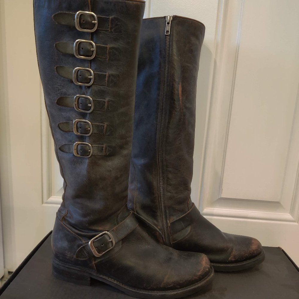 Frye Veronical Belted Tall Leather Boots 11M Black Brush Off Full Grain